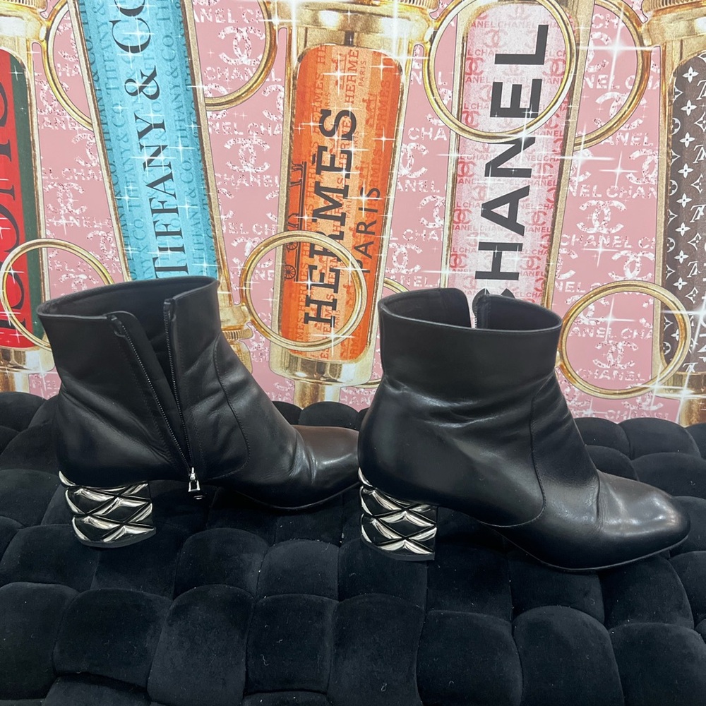 Louis Vuitton Black Ankle Boots with Silver Heels